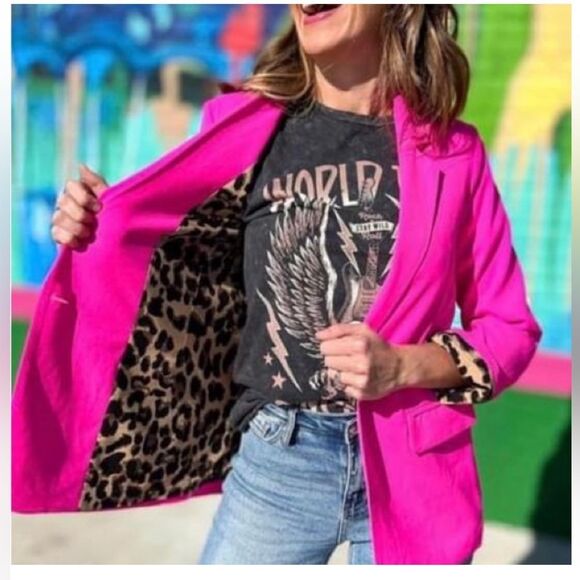 JODIFL Vibrant Pink Blazer with Leopard Print Lining - Picture 1 of 5